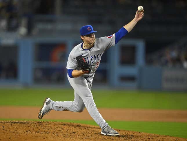 Apr 14, 2023; Los Angeles, California, USA;  Chicago Cubs starting pitcher Justin Steele (35) throws to the plate in the fourth inning against the Los Angeles Dodgers at Dodger Stadium.