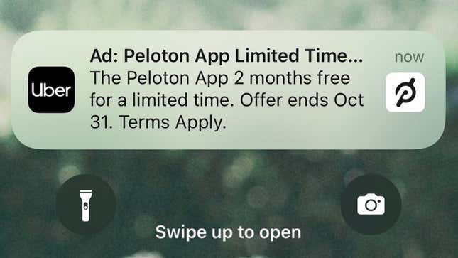 An ad for Peleton in an Uber notification.
