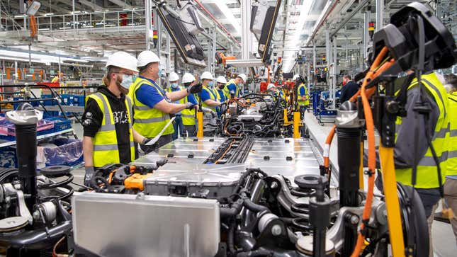 A photo of an EV being assembled at a plant by VW.