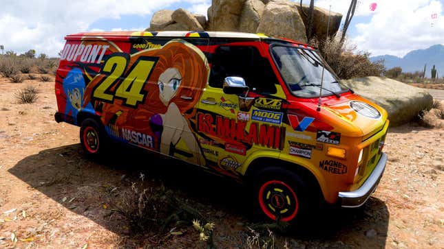 An orange van covered with images from Ghost Sweeper Mikami in Forza Horizon 5. 