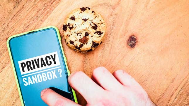 A phone with the words "Privacy Sandbox" next to a chocolate chip cookie