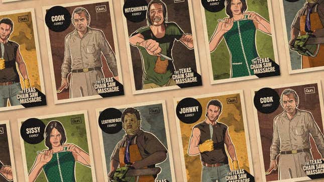 Killers in The Texas Chain Saw Massacre game are arranged in trading cards.