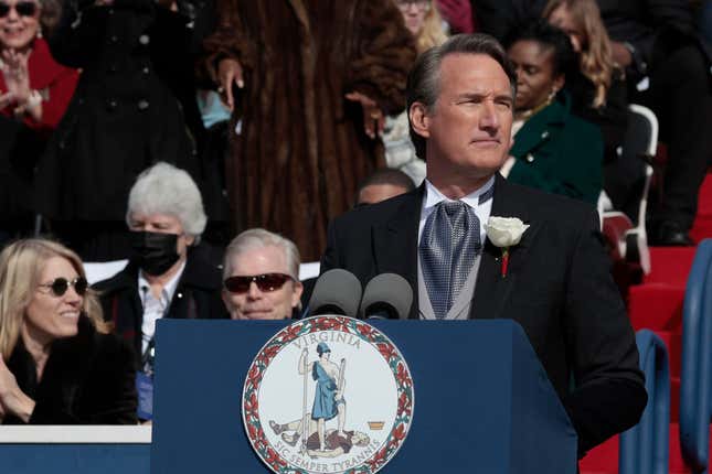 Virginia Governor Glenn Youngkin gives the inaugural address after being sworn in as the 74th governor of Virginia on the steps of the State Capitol on January 15, 2022, in Richmond, Virginia. 