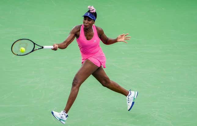 Aug 14, 2023; Mason, OH, USA; Venus Williams concentrates on her shot as she faces Veronika Kudermetova during round one of the Western &amp;amp; Southern Open at the Lindner Family Tennis Center in Mason Monday, August, 14, 2023.