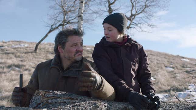 Joel shrugs nonchalantly at an exasperated Ellie in a scene from HBO's The Last of Us.