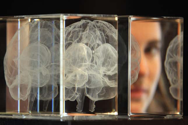 A person poses behind an artwork entitled 'My Soul' by Katharine Dowson, which consists of a laser etched lead chrystal glass formation in the shape of a brain, and was created using the artists own MRI Scan