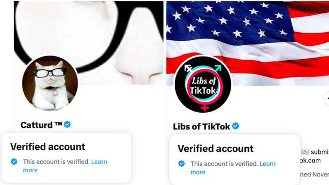 Screenshots of Catturd and Libs of TikTok' account, which feature Twitter's new label.