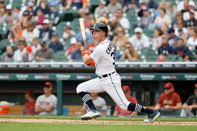 Jun 11, 2023; Detroit, Michigan, USA; Detroit Tigers right fielder Kerry Carpenter (30) hits a single in the first inning against the Arizona Diamondbacks at Comerica Park.