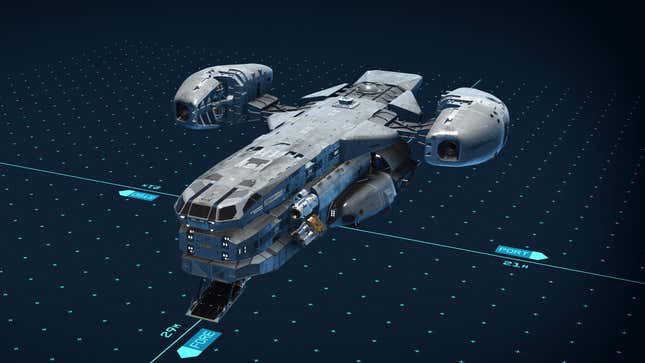 A remake of the Razor Crest from The Mandalorian sits in Starfield's ship builder.