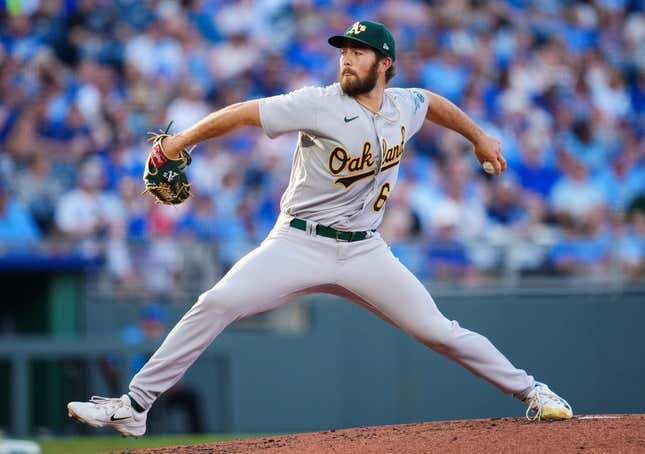 May 6, 2023; Kansas City, Missouri, USA; Oakland Athletics starting pitcher Ken Waldichuk (64) pitches during the second inning against the Kansas City Royals at Kauffman Stadium.