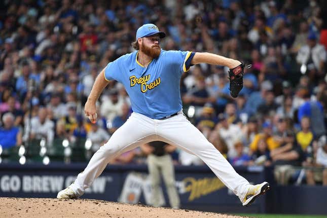 Aug 25, 2023; Milwaukee, Wisconsin, USA; Milwaukee Brewers starting pitcher Brandon Woodruff (53) delivers a pitch against the San Diego Padres in the fifth inning at American Family Field.