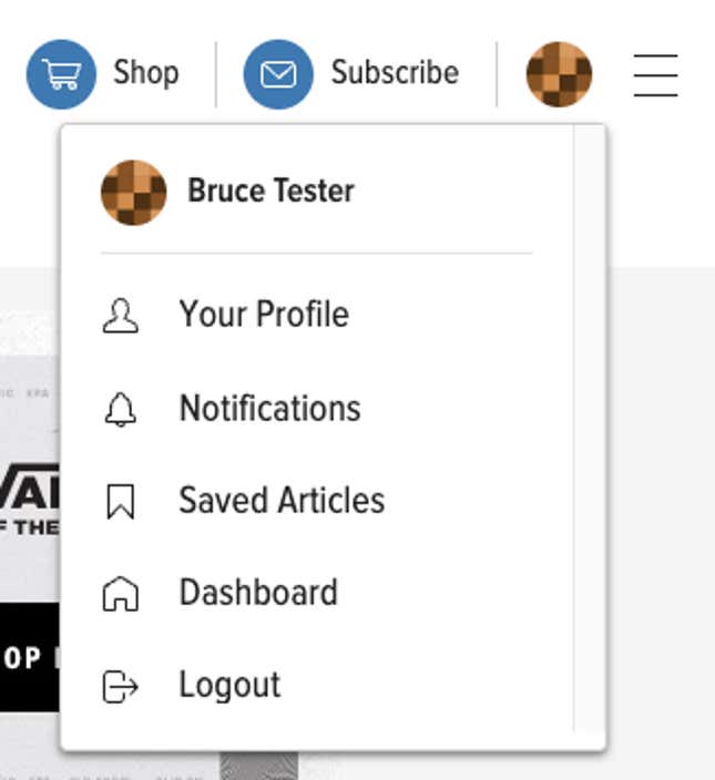 screenshot of the kinja user drop-down menu