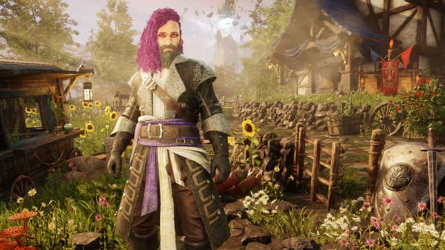 A purple-haired character poised at the character select screen in Amazon's New World. 