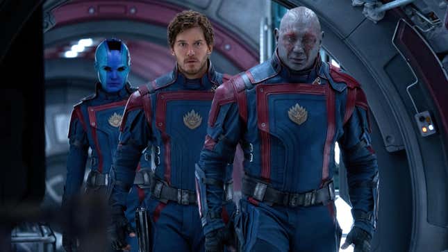 (From left): Karen Gillan, Chris Pratt, Dave Bautista in Guardians Of The Galaxy, Vol. 3