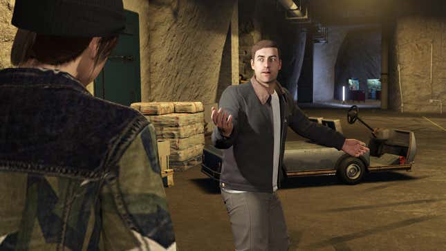 An NPC in Grand Theft Auto V looks at another in disbelief.