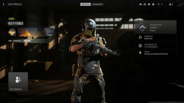 Call of Duty：Warzone 2.0のメニューのスクリーンショットには、プレイヤー情報が表示されます。