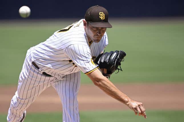 Jul 26, 2023; San Diego, California, USA; San Diego Padres starting pitcher Seth Lugo (67) throws a pitch against the Pittsburgh Pirates during the first inning at Petco Park.