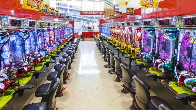 Pictured is the interior of a pachinko parlor. 