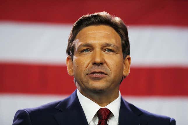 TAMPA, FL - NOVEMBER 08: Florida Gov. Ron DeSantis gives a victory speech after defeating Democratic gubernatorial candidate Rep. Charlie Crist during his election night watch party at the Tampa Convention Center on November 8, 2022, in Tampa, Florida. DeSantis was the projected winner by a double-digit lead.