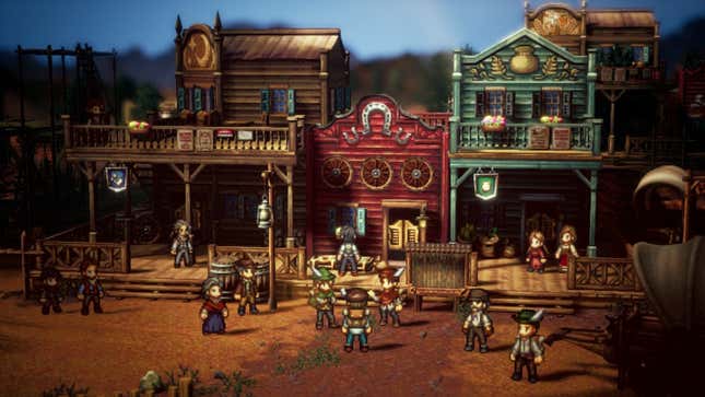 A western-style town is shown with citizens gathered in front of buildings and talking amongst themselves.