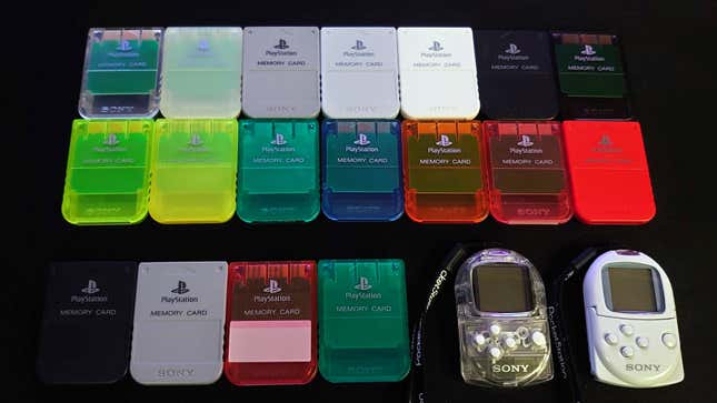 A colorful collection of 18 original PlayStation memory cards and two PocketStation units.