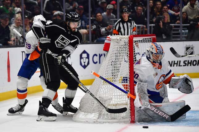 Mar 14, 2023; Los Angeles, California, USA; Los Angeles Kings center Phillip Danault (24) moves in for a shot against New York Islanders goaltender Ilya Sorokin (30) during the second period at Crypto.com Arena.