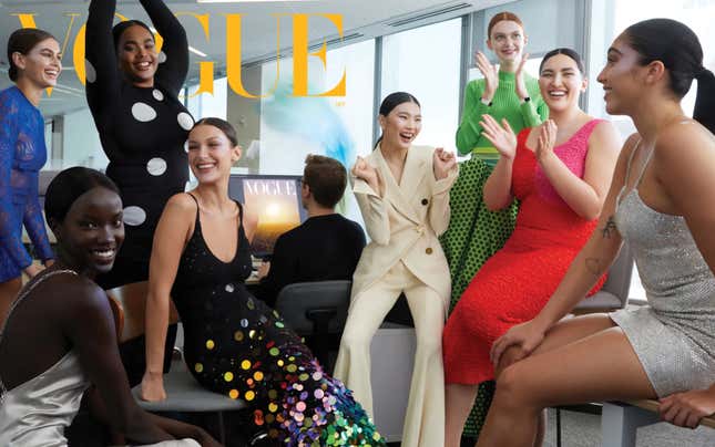 The September issue’s cover models, from left: Kaia Gerber; Anok Yai; Precious Lee; Bella Hadid; Sherry Shi; Ariel Nicholson; Yumi Nu; Lola Leon.