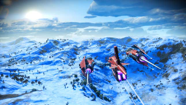 A ship flies over a snowy planet in No Man's Sky following the rollout of the Outlaws update.