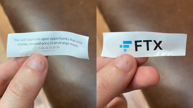 A photo of an ad for defunct cryptocurrency exchange FTX on the back of a fortune cookie fortune