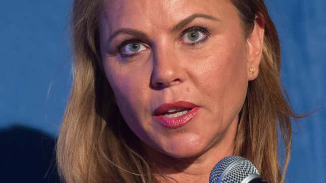 Lara Logan, chief foreign affairs correspondent for CBS News, speaks prior to presenting Father Patrick Desbois with the Lantos Human Rights Prize during a ceremony on Capitol Hill in Washington, DC, on October 26, 2017, to honor his work and foundation, Yahad-In Unum, in researching and uncovering genocidal practices around the world. (Photo by SAUL LOEB / AFP) (Photo by SAUL LOEB/AFP via Getty Images)