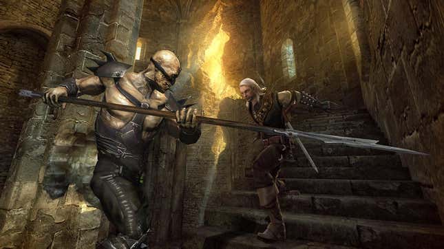 The Witcher protagonist battles a mutant on a stone staircase.