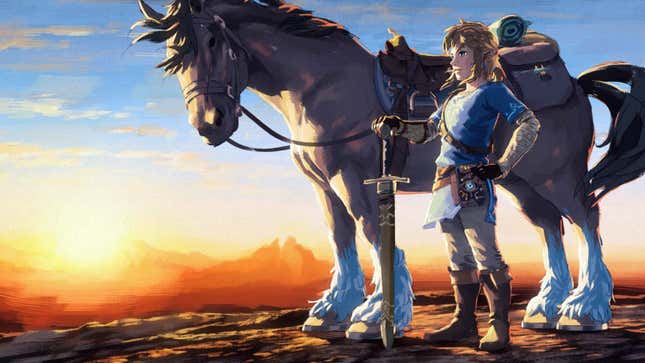 Link and his horse Epona are standing on a cliff, the sunset gleaming in the background.