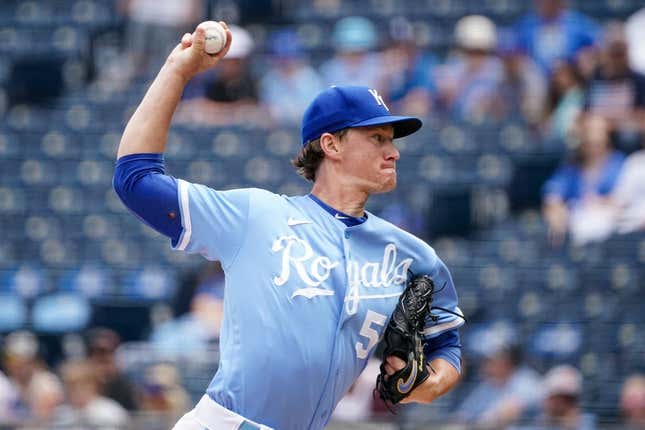 Jul 16, 2023; Kansas City, Missouri, USA; Kansas City Royals starting pitcher Brady Singer (51) delivers a pitch against the Tampa Bay Rays in the first inning at Kauffman Stadium.