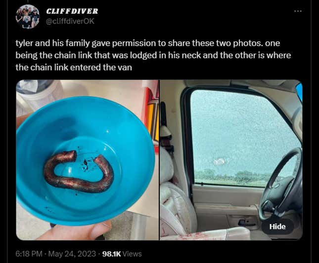 Screenshot of a tweet showing a bloody broken link and a broken driver's side window in Cliffdiver's touring car.