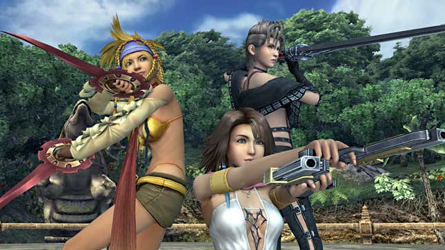 Final Fantasy X-2 characters pose with weapons. 