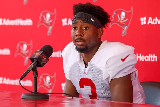 Aug 3, 2023; Tampa Bay, FL, USA;  Tampa Bay Buccaneers wide receiver Russell Gage (3) gives a press conference after training camp at AdventHealth Training Center.