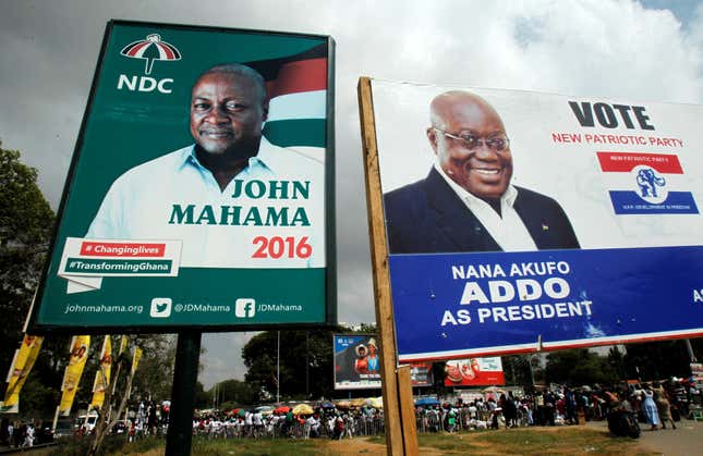 Campaign billboards for John Dramani Mahama and Nana Akuffo Addo in Accra, Ghana in Dec. 3, 2016.