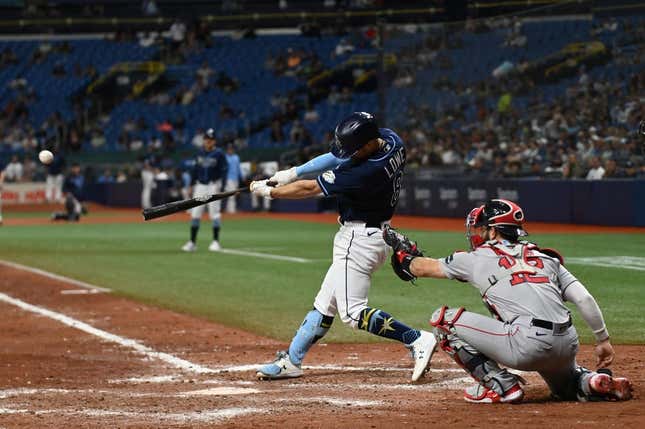 Apr 11, 2023; St. Petersburg, Florida, USA; Tampa Bay Rays designated hitter Brandon Lowe (8) hits a double  in the seventh inning against the Boston Red Sox at Tropicana Field.