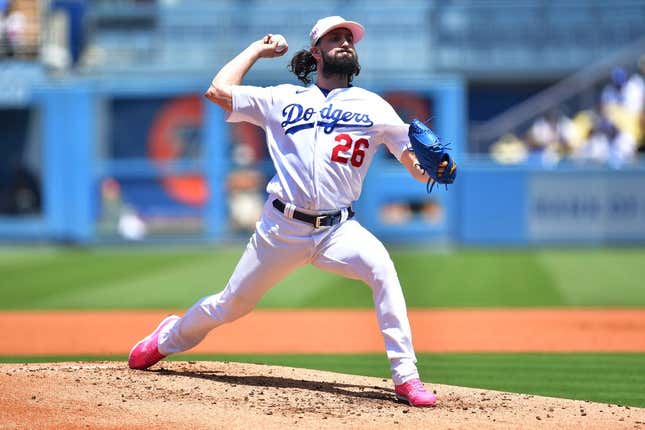 May 14, 2023; Los Angeles, California, USA;Los Angeles Dodgers starting pitcher Tony Gonsolin (26) throws against the San Diego Padres during the second inning  at Dodger Stadium.
