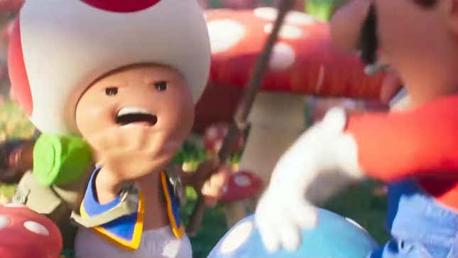 Mario leaps back in fear after Toad warns him about a poisonous Mushroom