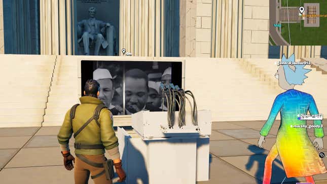 Rick Sanchez and another Fortnite player watch MLK's speech inside Fortnite. 