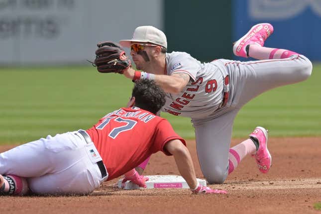 May 14, 2023; Cleveland, Ohio, USA; Los Angeles Angels shortstop Zach Neto (9) reacts after tagging out Cleveland Guardians right fielder Will Brennan (17) at second base during the second inning at Progressive Field.