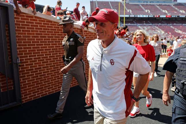 Oklahoma coach Brent Venables leaves the field after a college football game between the University of Oklahoma Sooners (OU) and the Arkansas State Red Wolves at Gaylord Family-Oklahoma Memorial Stadium in Norman, Okla., Saturday, Sept. 2, 2023. Oklahoma won 73-0.