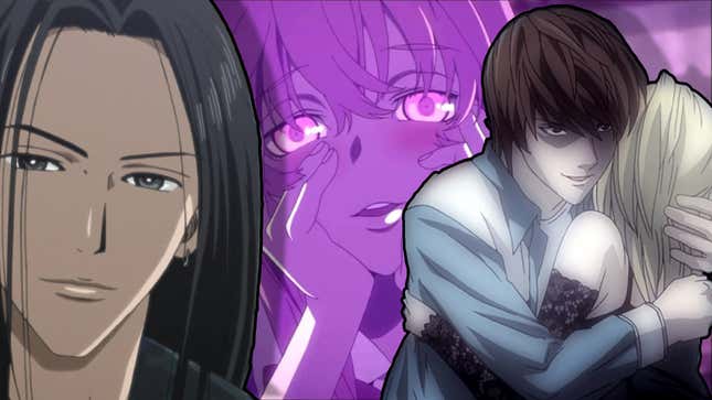 An image of Nana's Takumi, The Future Diary's Yuno, and Death Note's Light and Misa.