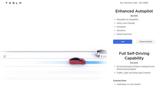 A screenshot of Tesla's website reflecting the new FSD pricing