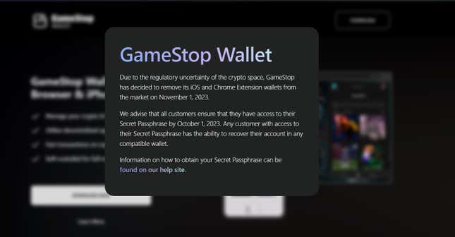 Screenshot shows message on GameStop's site about closing the wallet.