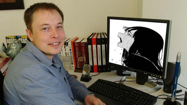 Elon Musk sits at his desk making memes he hopes his fans like. 