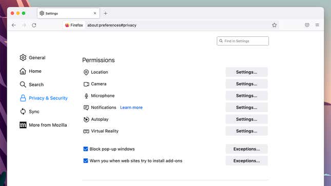 A screenshot of Mozilla Firefox's security page