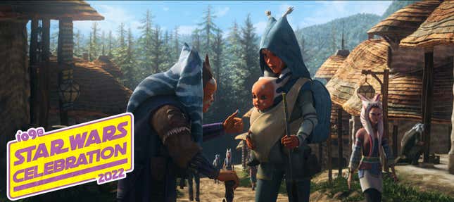 A baby Ahsoka Tano being carried by her mother in a scene from Tales of the Jedi.