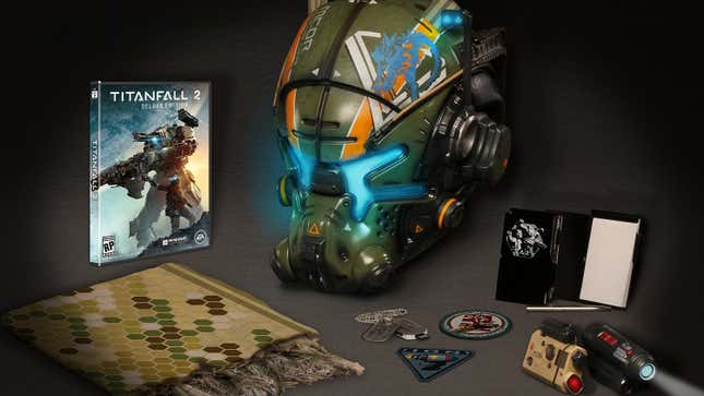 Promotional art for Titanfall 2's collector's edition shows a pilot helmet and various collectibles.